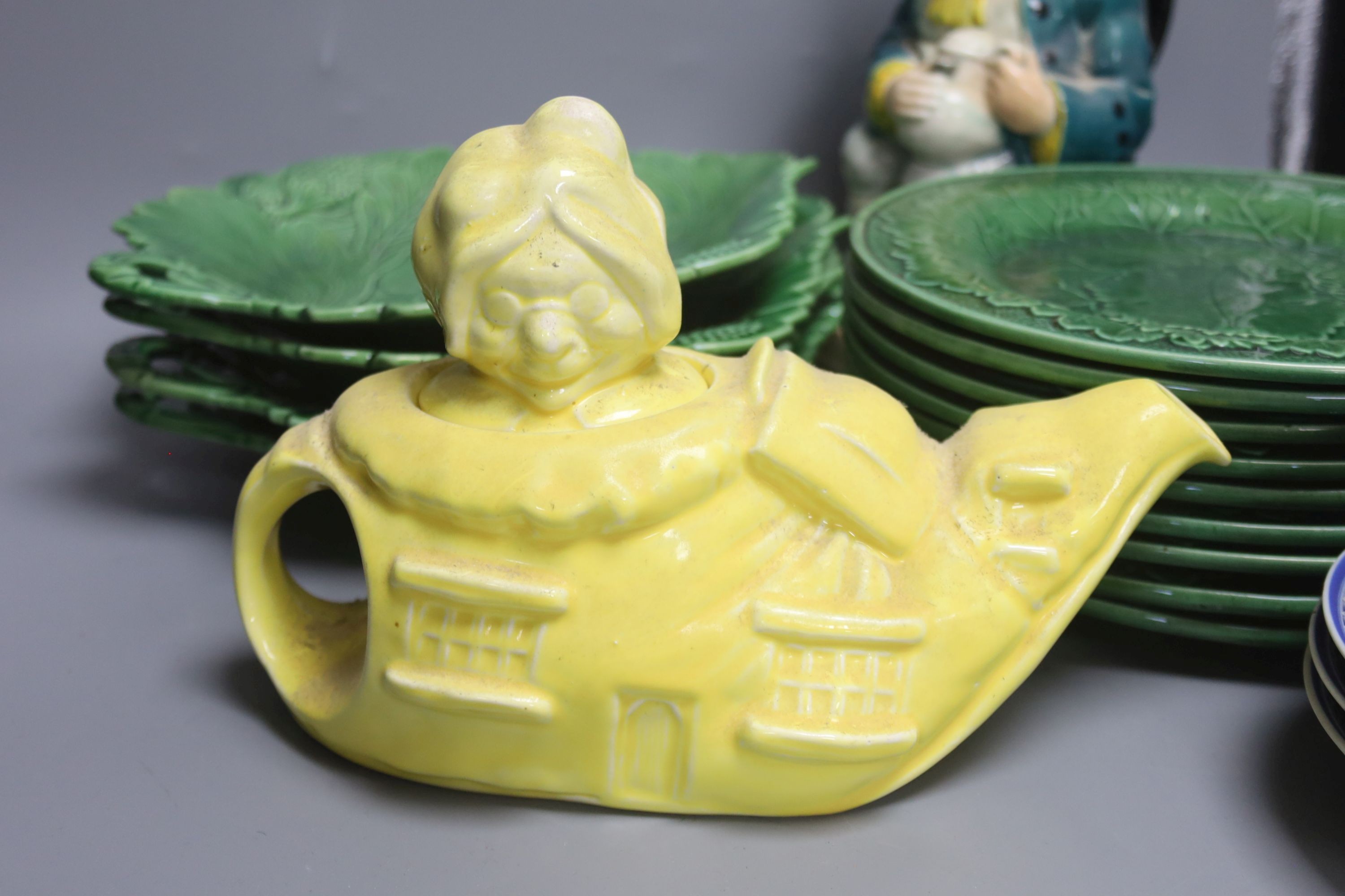 Victorian green majolica leaf dessert wares, Art Deco 